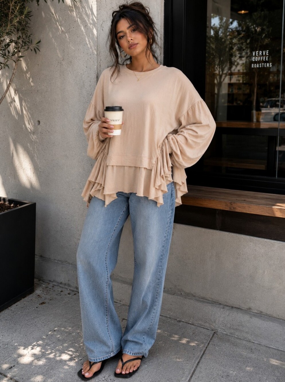 Easel Layered Ruffle Hem Tunic Top Boho Oversized Beige Cream Small